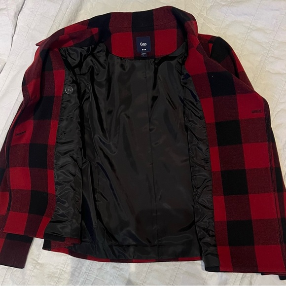 GAP Buffalo Plaid Red and Black Pea Coat - Picture 2 of 4